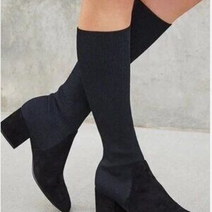 Eileen Fisher Most Boot Knee High Heeled Pull On Knit Ribbed Stretch Suede Black